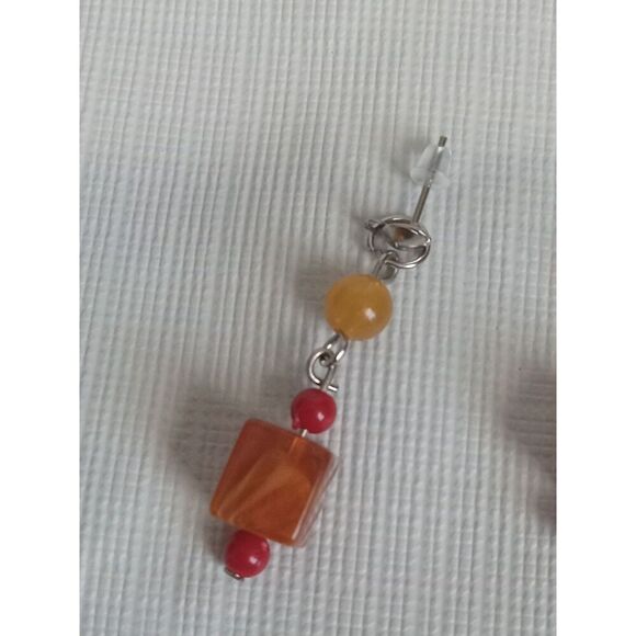 Red Round and Orange Cube Beaded Post Backs Dangle Style Lightweight Earrings - Picture 11 of 11